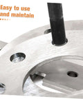 Close-up of Manual Hole Knockout Puncher Tool Kit With Hydraulic Punch Driver and Dies punching through metal sheet