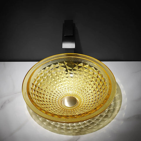 USZWBY Bathroom Vessel Sink Vanity Tempered Glass Vessel Bowl Sink Round luxury design, gold unique texture and polished finish.