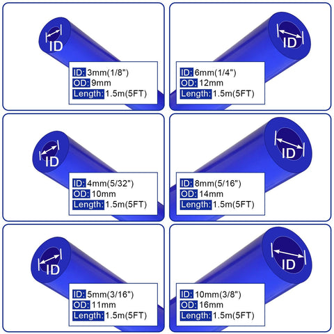 Versatile High Performance Automotive Silicone Vacuum Tubing Hose Kit Including 1/8 Inch, 5/32 Inch, 3/16 Inch, 1/4 Inch, 5/16 Inch, and 3/8 Inch Sizes Each 5 Feet Long