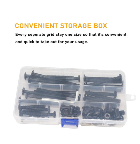 Tough As Nails M6 Barrel Nut And Hex Drive Bolt Assortment Kit Includes Hex Key, organized in a transparent storage box.