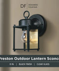 8 Inch Outdoor Wall Lantern Sconce In Black Finish For Front Door Patio And Porch Exterior Light Fixture With Clear Glass