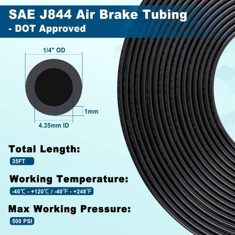 Diagram of 35 Foot DOT Approved Air Line Hose With Cutter For Pneumatic Systems SAE J844 PA12 Nylon One Quarter Inch Outer Diameter Tubing Ideal For Air Brake And Suspension Kit Truck Trailer Brake System And Fluid Transfer 11 Meter Length