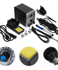 Pro Grade Digital Display Soldering Iron Station Kit With Hot Air Rework Bent Tip Tweezer And Solder Sucker High Power Fast Heating Electronics Repair Tool For PCB Maintenance And Micro Soldering, black unit with accessories
