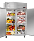 Interior view of Top Shelf Commercial Refrigerator And Freezer Combo 48 Inch Wide 32 Cubic Feet with fruits and meats.