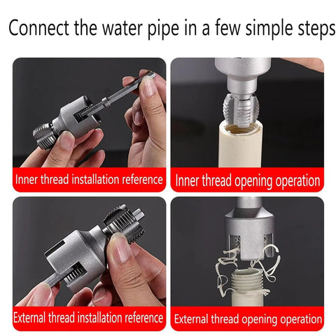 Heavy Duty Pipe Tapping And Threading Tool For PVC Pipes showing inner and outer thread operations on PVC fittings.