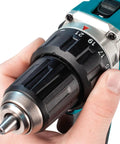 Close-up of the keyless chuck on the Top Shelf 18V Lithium Ion Brushless Drill Driver With Electric Brake LED Work Light.
