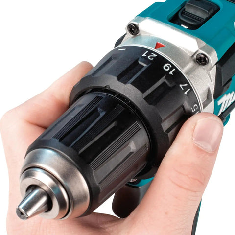 Close-up of the keyless chuck on the Top Shelf 18V Lithium Ion Brushless Drill Driver With Electric Brake LED Work Light.