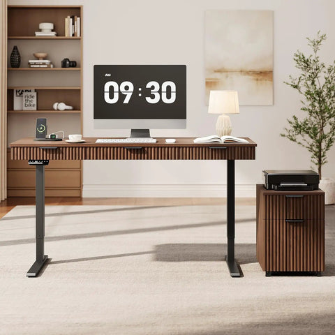 Killer 55 Inch Electric Standing Desk With Smooth Walnut Top And Ultra Silent Motor in modern home office setup.