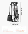 1 HP Submersible Sump Pump With 5500 GPH Flow Stainless Steel Build Automatic Float Switch Long Cord 30 Ft Lift Heavy Duty Drain