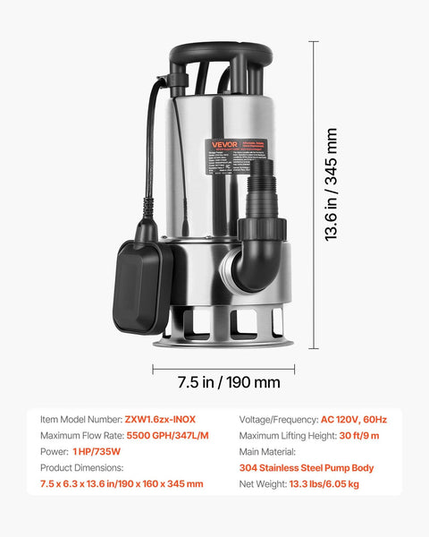 1 HP Submersible Sump Pump With 5500 GPH Flow Stainless Steel Build Automatic Float Switch Long Cord 30 Ft Lift Heavy Duty Drain