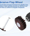 Heavy Duty Abrasive Flap Wheel 3 2 Inch Diameter With Quarter Inch Shank for smoothing irregular workpieces.