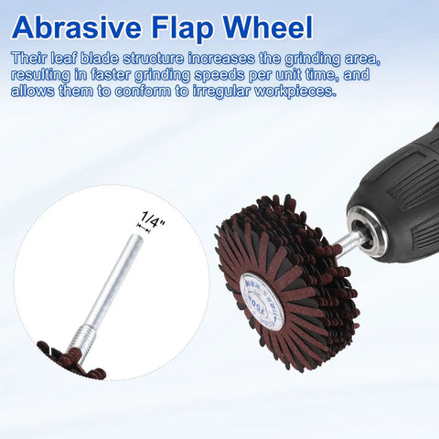 Heavy Duty Abrasive Flap Wheel 3 2 Inch Diameter With Quarter Inch Shank for smoothing irregular workpieces.