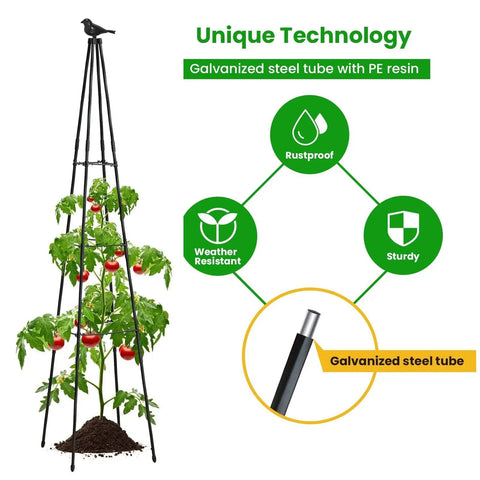 67 Inch Obelisk Garden Trellis For Cucumber And Climbing Plants Yard Ready Outdoor Plastic Coated Metal Support For Vines Tomatoes And Flowers Black Two Pack Set showing a trellis with tomato plant illustrating unique technology.