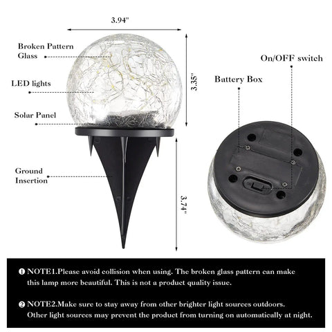 Illustration of 4 Pack Solar Globe Lights Outdoor Waterproof LED Cracked Glass Orbs For Pathways Walkways Garden with details