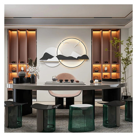 Modern White Led Wall Sconces With No Fuss Plug In Setup Featuring Top Notch Nordic Metal Build Three Color Temp Control And Eye Friendly Glow Perfect For Living Room Backdrop Or Bedroom Chill Vibes All Day Long in contemporary dining area with round table and unique chairs.