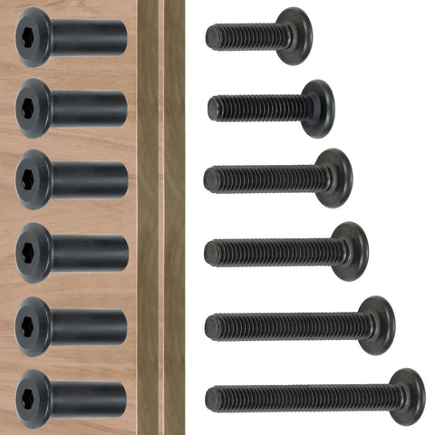 Built Different Black M6 Furniture Connector Bolts Assortment Kit showing hex cap screws and threaded bolts on wood background.