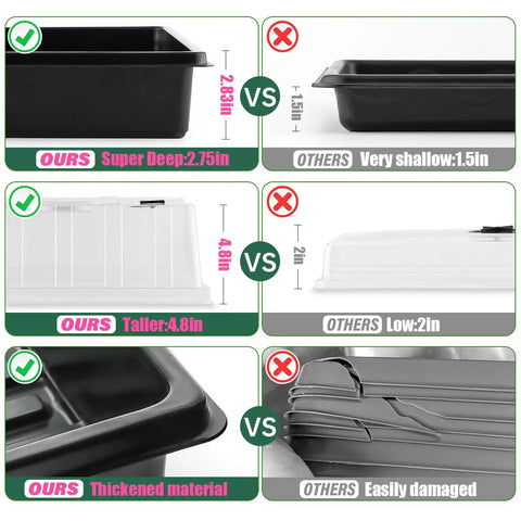 Comparison of 4 Pack Seed Starter Trays With 5 Inch Tall Humidity Domes against other trays, highlighting depth, height, and durability.