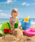 Child playing with Packable Collapsible Beach Toys for Kids and Toddlers Three Pack Foldable Silicone Sand Buckets and Shovels