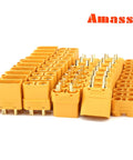 XT90 Bullet Connectors 10 Pair Set for RC LiPo Batteries and Motors, arranged front view, showing male and female plugs.