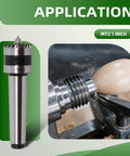 MT2 wood lathe drive center with 1 inch crown; front view of tool and lathe turning close-up