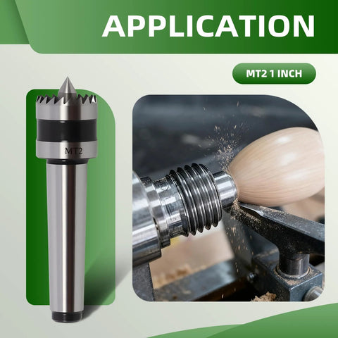 MT2 wood lathe drive center with 1 inch crown; front view of tool and lathe turning close-up