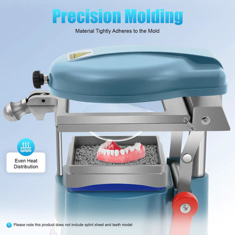 Pro Grade Thermoforming Vacuum Forming Machine For Dental Labs, 110V 600W Heat Molding Tool With Symmetrical Heating System, Space Saving Dental Forming Equipment, side view, blue metal body, dental model tray