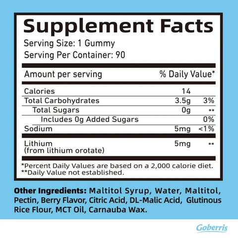 Low Dose Lithium Orotate Gummies Supplement Facts, 5 mg lithium, 90 servings, pectin-based, sugar-free, berry flavor.