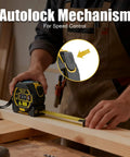 3 In 1 Laser Tape Measure With Digital Readout And LCD Display For Fast One Person Measurements At Home And On Job Sites Up To 197 Feet With Bright Sun Visible Laser And Simple One Handed Use, locking tape on wood board
