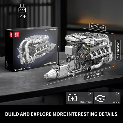 V8 Twin Turbo Engine Model Kit That Runs With Battery And Motor, 2899+ Piece Building Blocks Set For Adults And Teens, Realistic Engineering STEM Toy For Car Nerds, silver build, 68.6cm x 24.1cm