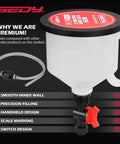 22 Piece No Spill Coolant Filling Funnel Kit With Siphon Hose Pump showing funnel with handle, scale markings, and attached hose.