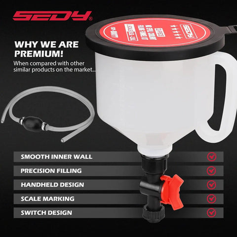 22 Piece No Spill Coolant Filling Funnel Kit With Siphon Hose Pump showing funnel with handle, scale markings, and attached hose.