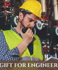 Engineer in yellow hard hat and vest using walkie-talkie, industrial background with text: Gift for Engineer