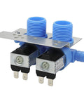 Front view of dual water inlet valve assembly for washing machine with two blue threaded inlets and metal mounting bracket.