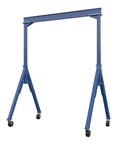 Heavy Duty Adjustable Height Gantry Crane With Locking Phenolic Casters 8000 Lb Capacity 10 Foot Wide By 14 Foot Max Reach with blue steel frame.