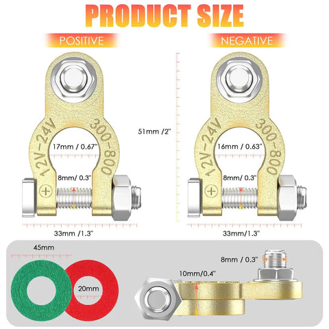 Heavy Duty Battery Terminal Clamps With Pure Copper Ends And Anti Corrosion Pads M8 Bolt Top Post Style With Dimensions