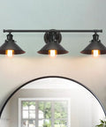 Upgrade 32 Inch Black Bathroom Light Fixture With 3 Light Vanity Lights Dope Rustic Matte Black Farmhouse Style Industrial Modern Vanity Lighting Over Mirror Sconce above a round mirror in a bathroom setting.