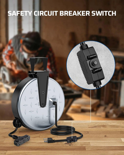 Heavy Duty Metal Extension Cord Reel 30Ft Retractable With 16AWG 3C SJTW Cord Three Outlets 10A Breaker Wall Or Ceiling Mount For Workshop Garage UL Listed with circuit breaker switch close-up and workshop background.