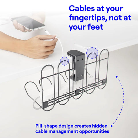 Under Desk Cable Organizer Tray With No Drill Clamp Tool Free Cord Management System installed under desk, showing phone charging