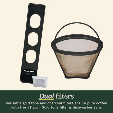 12 Cup Brew Central Coffee Maker filter components including gold tone and charcoal options for fresh coffee flavor