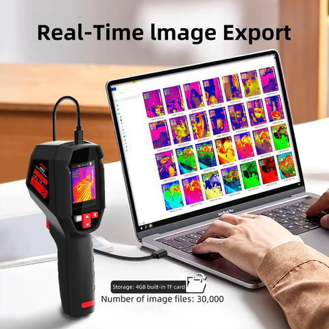 Handheld Thermal Imaging Camera With 240 X 240 Resolution, Infrared Camera, 15 Palettes, 320 X 240 Full View TFT Display beside laptop
