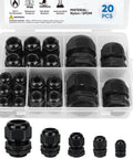 IP68 Waterproof Cable Gland Kit, Nylon NPT Adjustable Cable Seals, One Quarter Inch to One Inch Sizes, Black, 20 Pieces in box