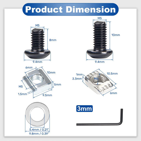 Dimensions of All-in-One M5 T-Nuts and Screws Kit for DIYers Building 8020 2040 2020 Aluminum Extrusion Profiles
