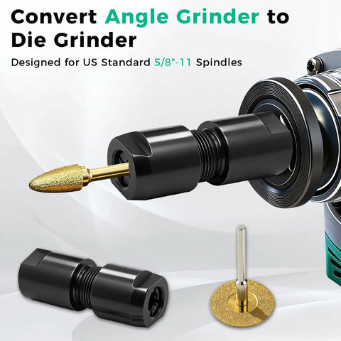 Image of Two Pack Angle Grinder To Straight Chuck Adapter Set With 5/8-11 Thread To 1/4 And 1/8 Inch Collets shown with rotary tool conversion