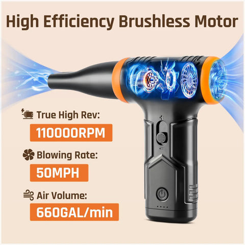Cordless Electric Air Duster With Variable Speed Control Delivers Up To 50 MPH And 110000 RPM For PC Keyboard Computer Home Cleaning Reusable Air Blower Mini Dust Duster For Quick Dusting And Delicate Surfaces displayed with specifications