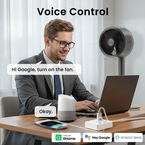Businessman using Smart Power Strip With 3 WiFi Outlets And 3 USB Ports, ETL Listed Surge Protector with Google Assistant.