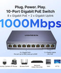 10 Port PoE Switch With 8 PoE Plus Ports Up To 60W Budget And 2 Gigabit Uplinks Unmanaged Plug And Play Metal Network Hub