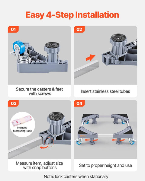 Heavy Duty Rolling Base For Mini Fridge And Washing Machine 16 To 25 In Adjustable Mobile Platform installation steps visual guide.