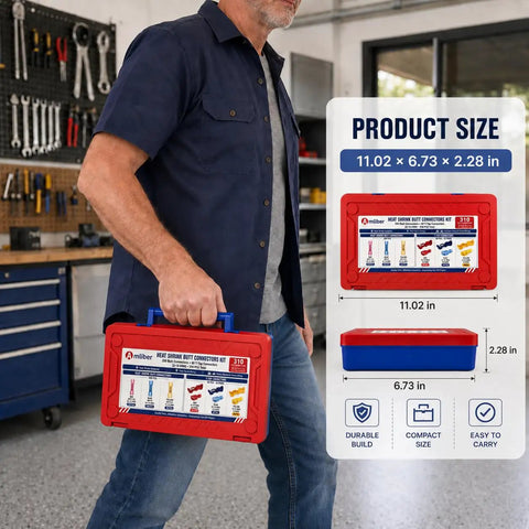 Shop Grade Heat Shrink Butt Connector And T Tap Splice Kit With Heavy Duty Wire Crimper 250 Piece Assorted Terminals, 11.02 x 6.73 x 2.28 in size.