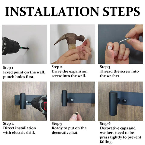 Installation steps for Stainless Steel Wall Mount Coat Hooks Set With Three T Shaped Hooks, showing drill, hammer, and screws.