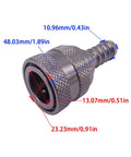 Female Fuel Line Connector Tank End for Outboard Motors 4-140HP with dimensions shown; fits 5/16 inch hose 8mm to 13mm.